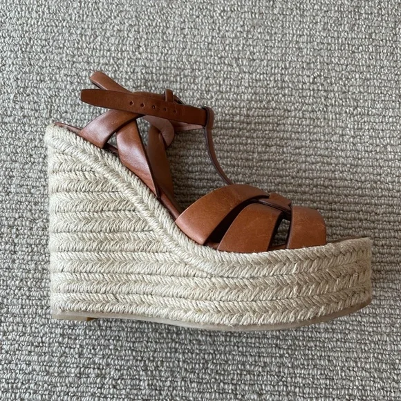 Yves Saint Laurent Tribute Brown Leather Espadrille Wedge Sandals - Picture 3 of 10